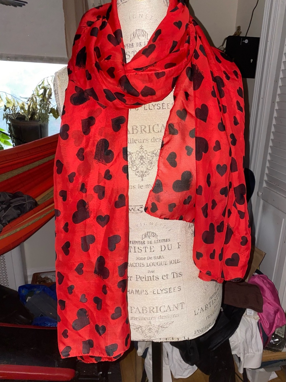 Rampage Red Scarf with Black Heart Print Edgy
